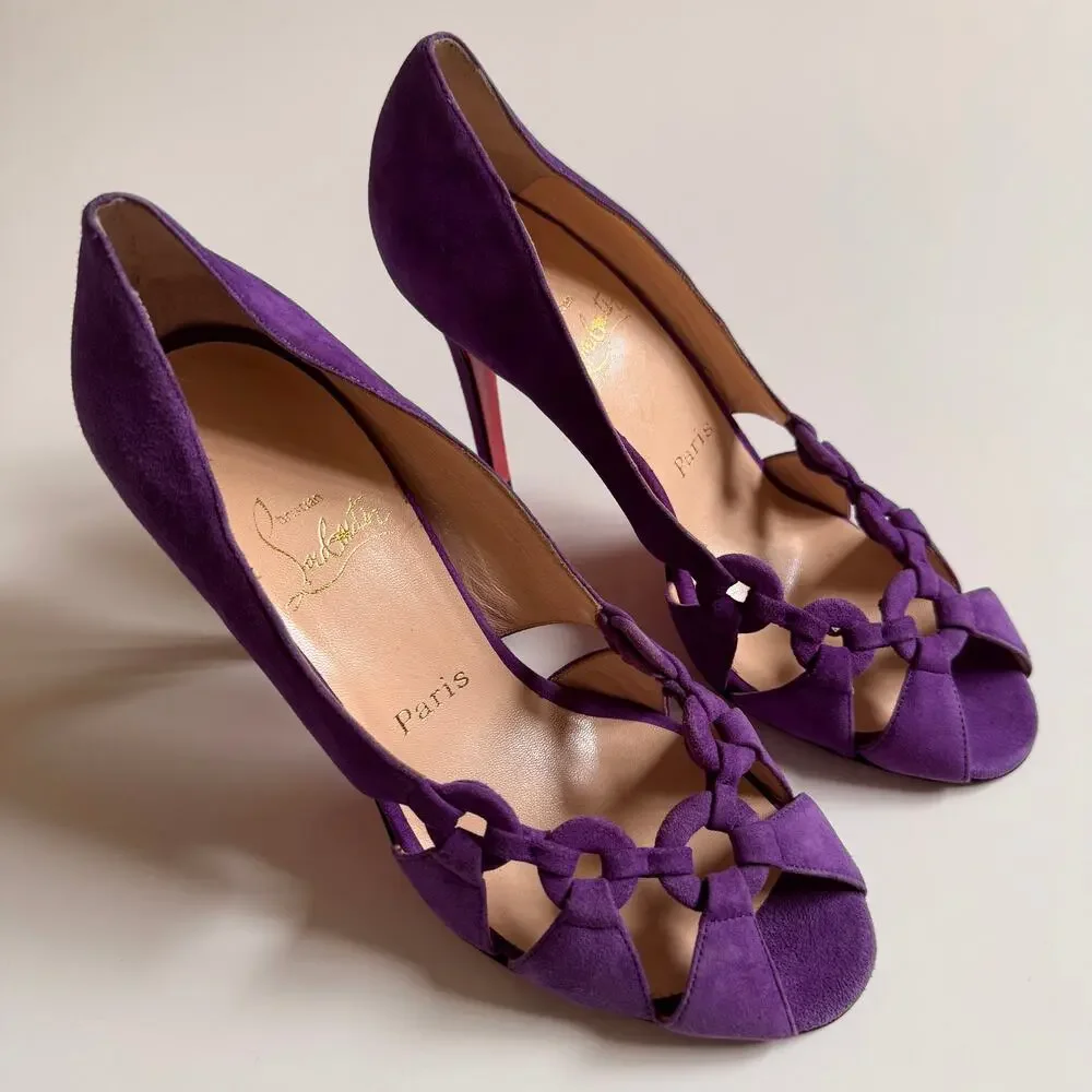 Christian Louboutin Purple Suede Vibrant Peep Toe Size 39 US 9 Shoes UNWORN